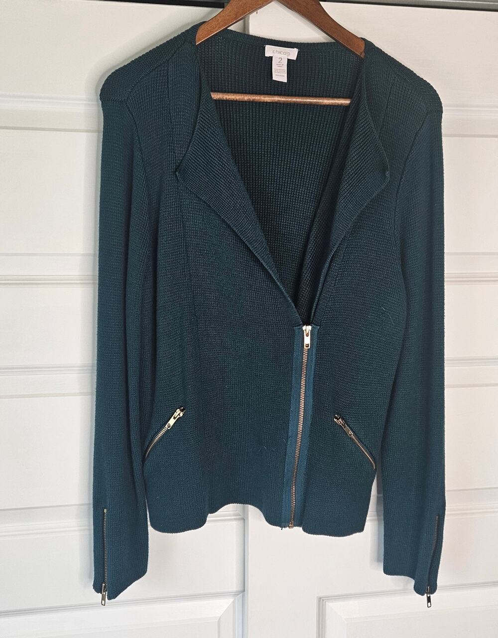 Chico's Anya Asymmetrical Zip Moto Cardigan Sweater Jacket Green Size 2 Large